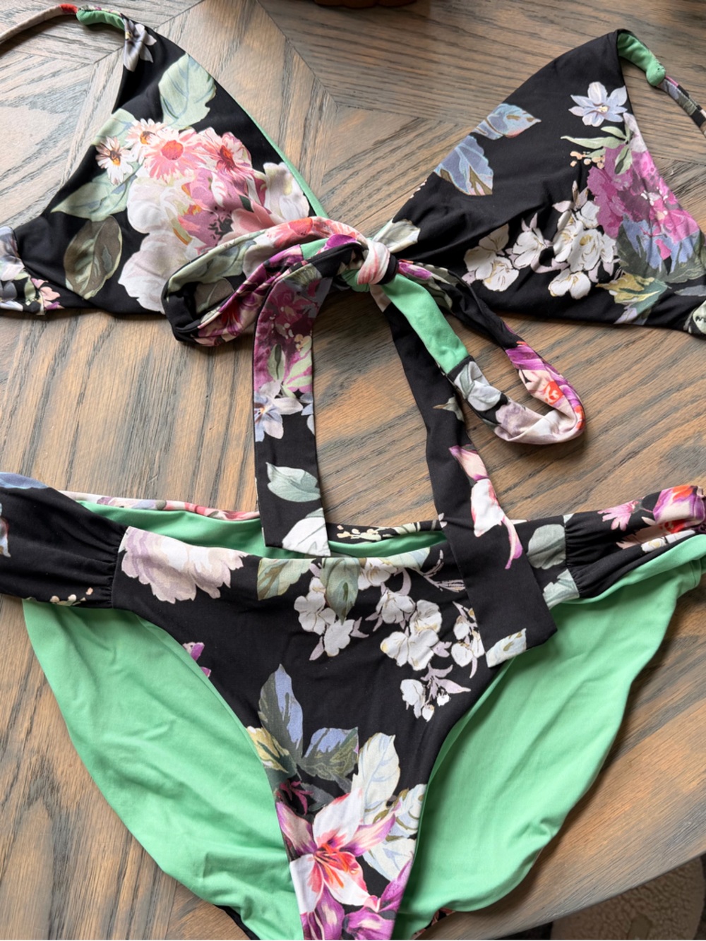 BECCA Black Floral Bikini with Mint Green Lining